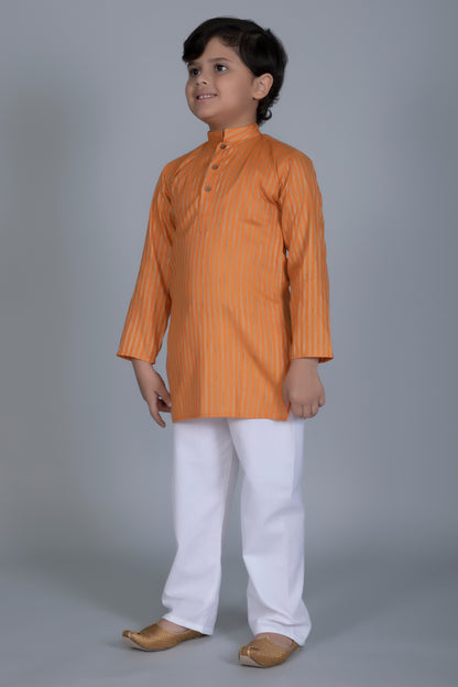 Vastraa Fusion Boy's Gold Line Handloom Weaving Pure Cotton Kurta, Full Sleeves, Wooden Button , Ethnic Wear