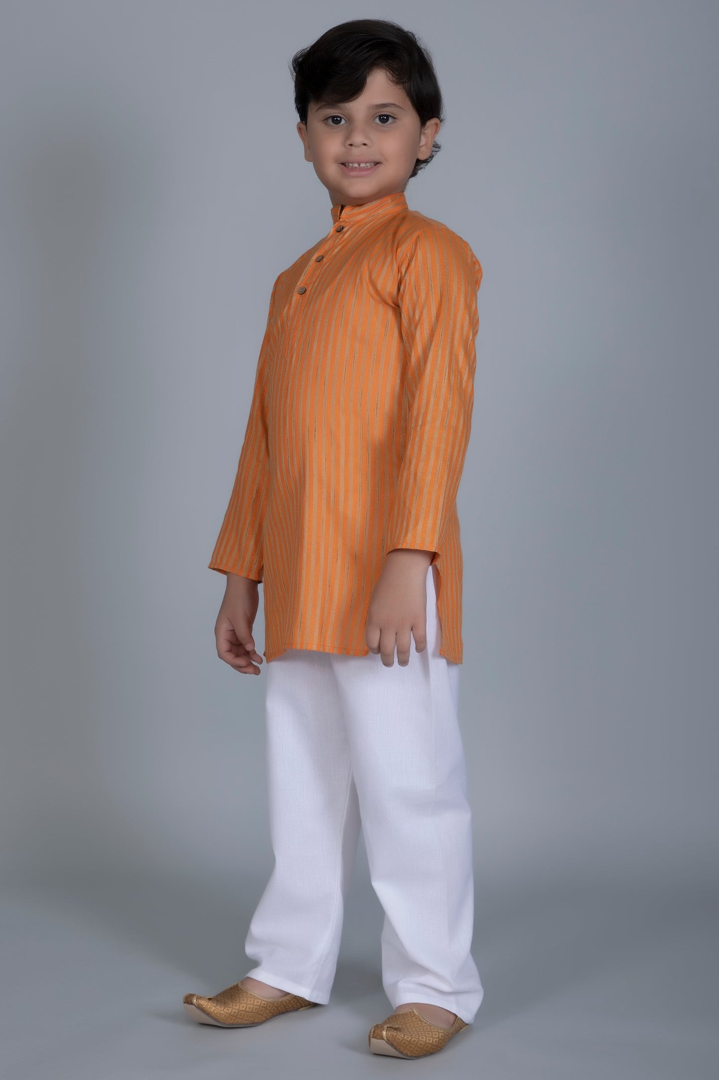 Vastraa Fusion Boy's Gold Line Handloom Weaving Pure Cotton Kurta, Full Sleeves, Wooden Button , Ethnic Wear