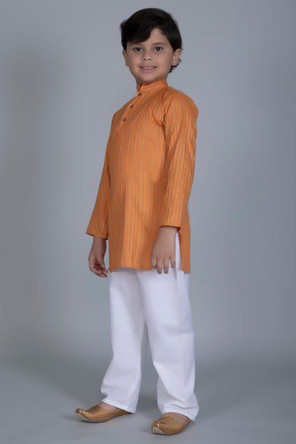 Vastraa Fusion Boy's Gold Line Handloom Weaving Pure Cotton Kurta, Full Sleeves, Wooden Button , Ethnic Wear