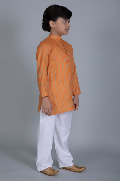 Vastraa Fusion Boy's Gold Line Handloom Weaving Pure Cotton Kurta, Full Sleeves, Wooden Button , Ethnic Wear