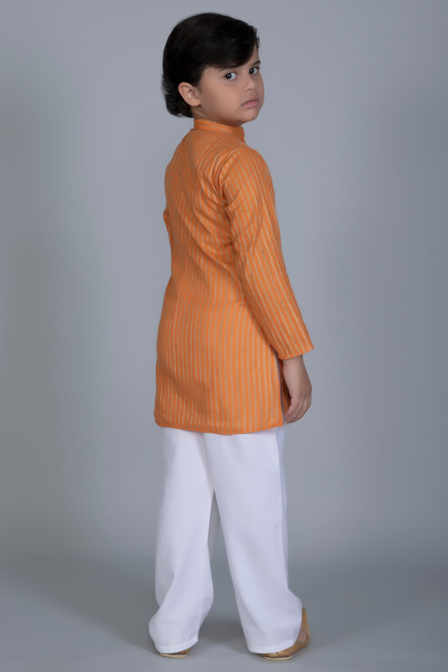 Vastraa Fusion Boy's Gold Line Handloom Weaving Pure Cotton Kurta, Full Sleeves, Wooden Button , Ethnic Wear