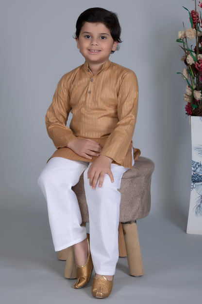 Vastraa Fusion Boy's Gold Line Handloom Weaving Pure Cotton Kurta, Full Sleeves, Wooden Button , Ethnic Wear