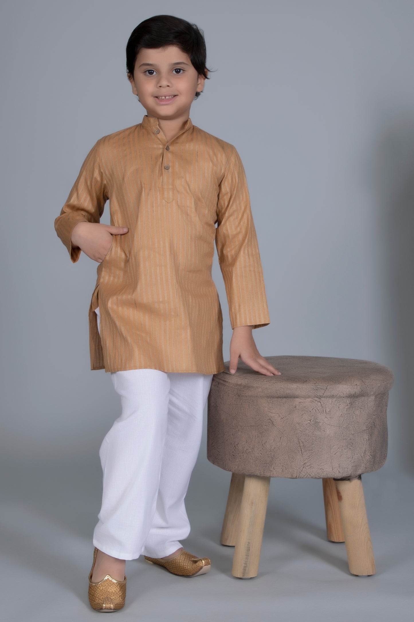 Vastraa Fusion Boy's Gold Line Handloom Weaving Pure Cotton Kurta, Full Sleeves, Wooden Button , Ethnic Wear