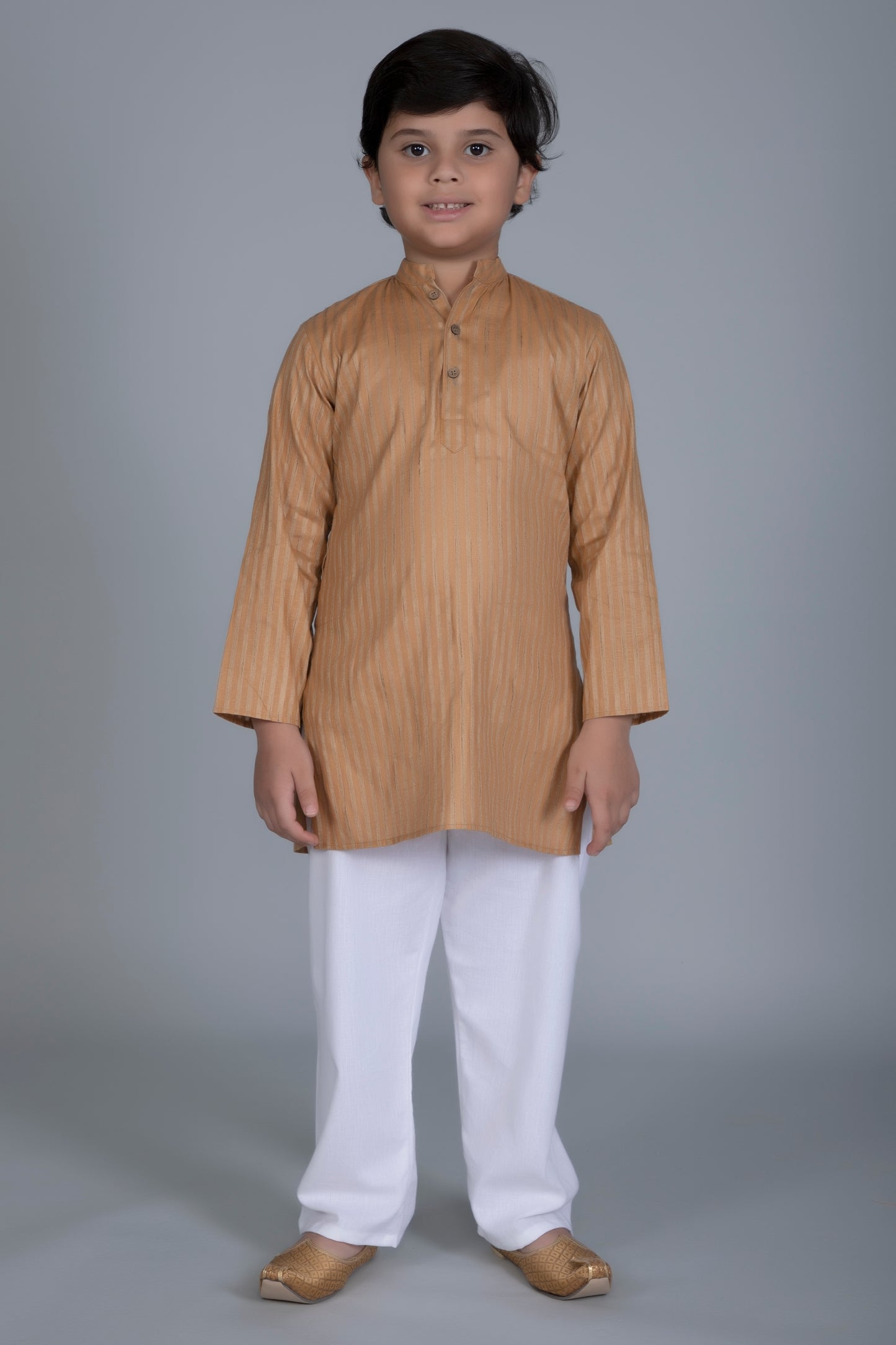 Vastraa Fusion Boy's Gold Line Handloom Weaving Pure Cotton Kurta, Full Sleeves, Wooden Button , Ethnic Wear