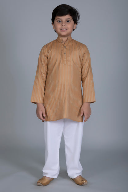 Vastraa Fusion Boy's Gold Line Handloom Weaving Pure Cotton Kurta, Full Sleeves, Wooden Button , Ethnic Wear