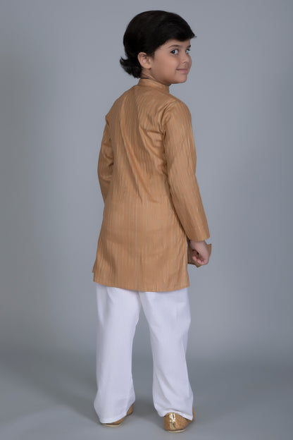 Vastraa Fusion Boy's Gold Line Handloom Weaving Pure Cotton Kurta, Full Sleeves, Wooden Button , Ethnic Wear