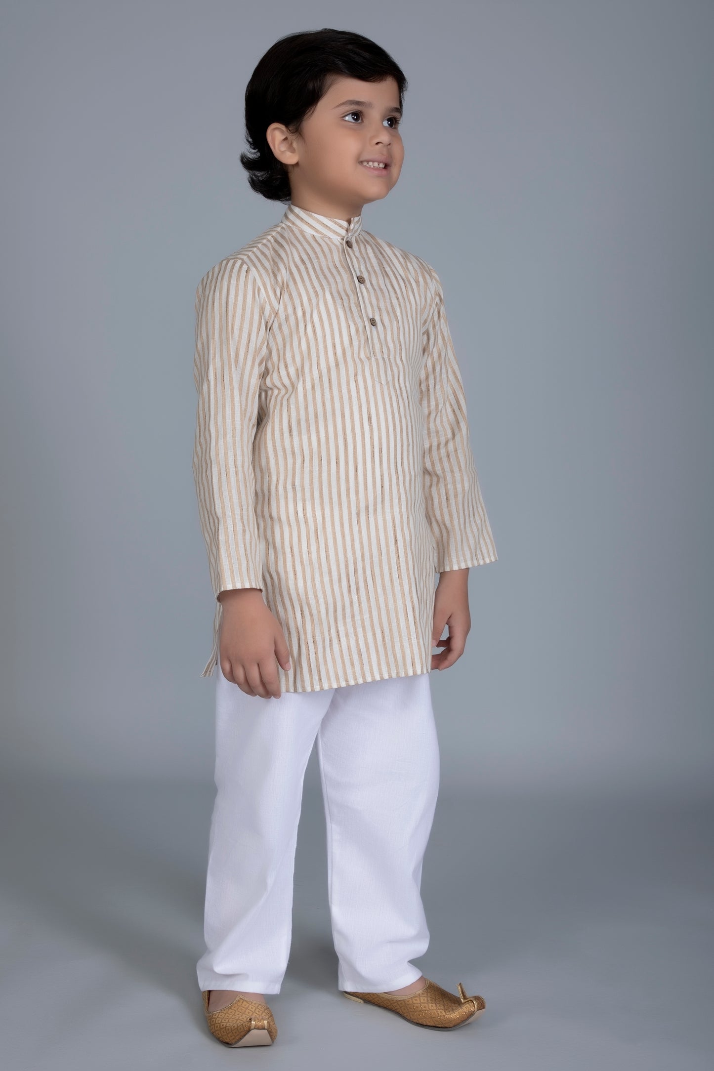 Vastraa Fusion Boy's Gold Line Handloom Weaving Pure Cotton Kurta, Full Sleeves, Wooden Button , Ethnic Wear