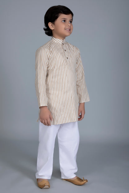 Vastraa Fusion Boy's Gold Line Handloom Weaving Pure Cotton Kurta, Full Sleeves, Wooden Button , Ethnic Wear