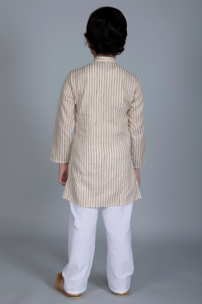 Vastraa Fusion Boy's Gold Line Handloom Weaving Pure Cotton Kurta, Full Sleeves, Wooden Button , Ethnic Wear