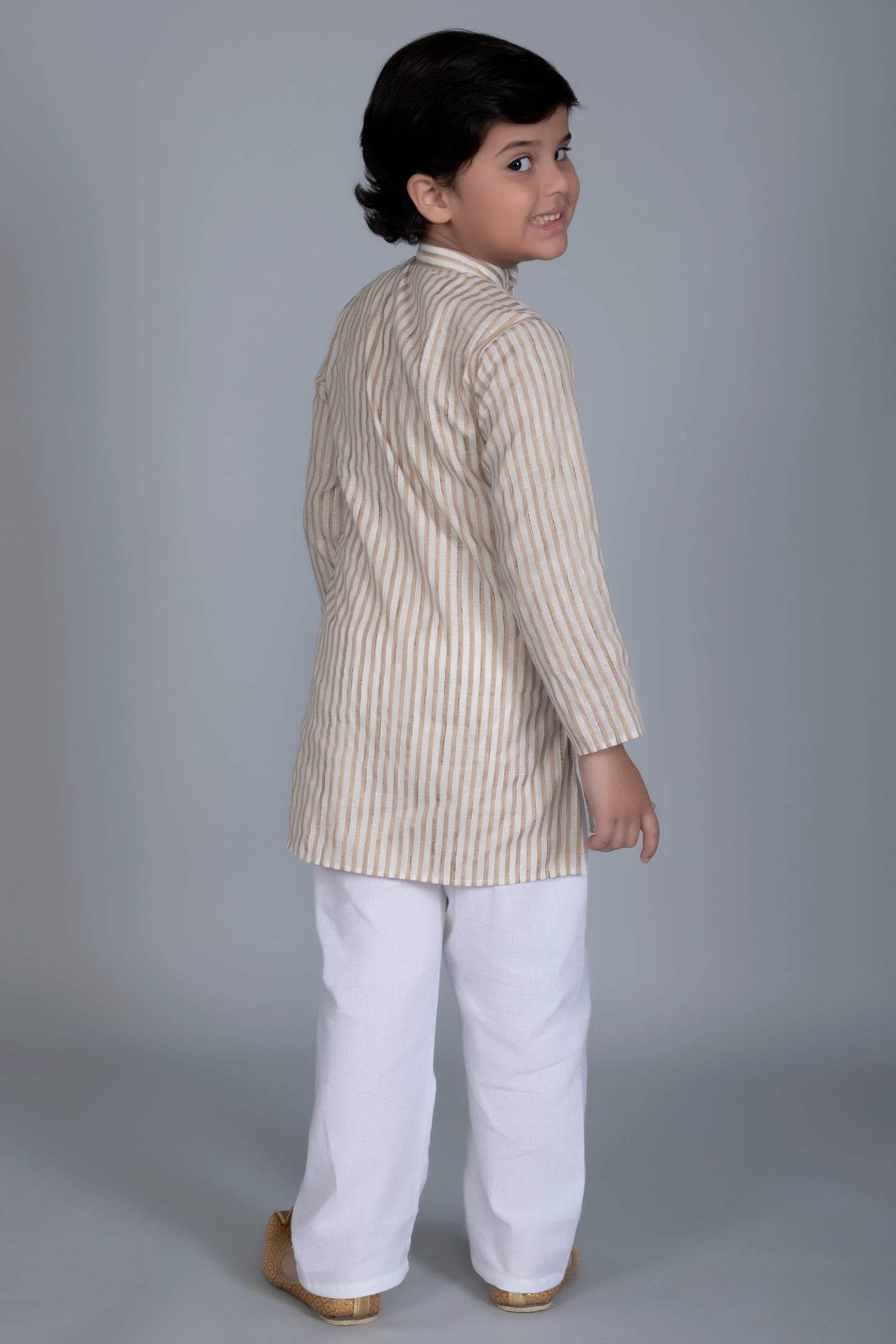 Vastraa Fusion Boy's Gold Line Handloom Weaving Pure Cotton Kurta, Full Sleeves, Wooden Button , Ethnic Wear