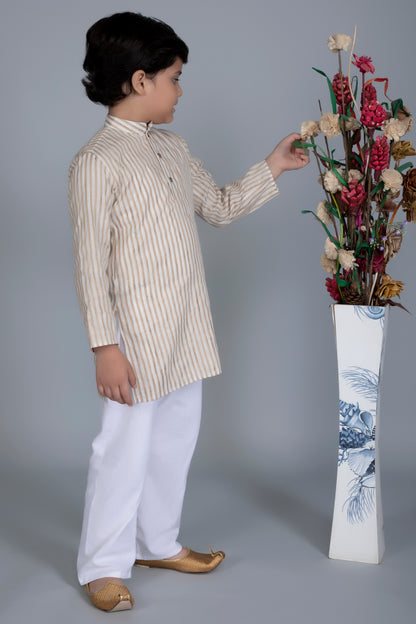 Vastraa Fusion Boy's Gold Line Handloom Weaving Pure Cotton Kurta, Full Sleeves, Wooden Button , Ethnic Wear