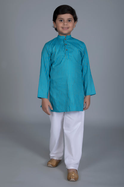 Vastraa Fusion Boy's Gold Line Handloom Weaving Pure Cotton Kurta, Full Sleeves, Wooden Button , Ethnic Wear