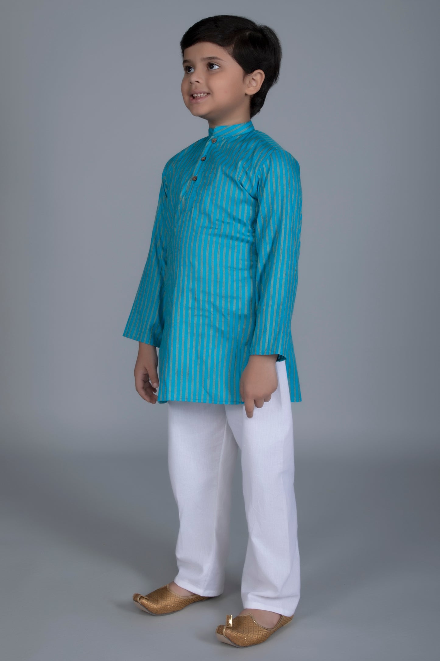 Vastraa Fusion Boy's Gold Line Handloom Weaving Pure Cotton Kurta, Full Sleeves, Wooden Button , Ethnic Wear