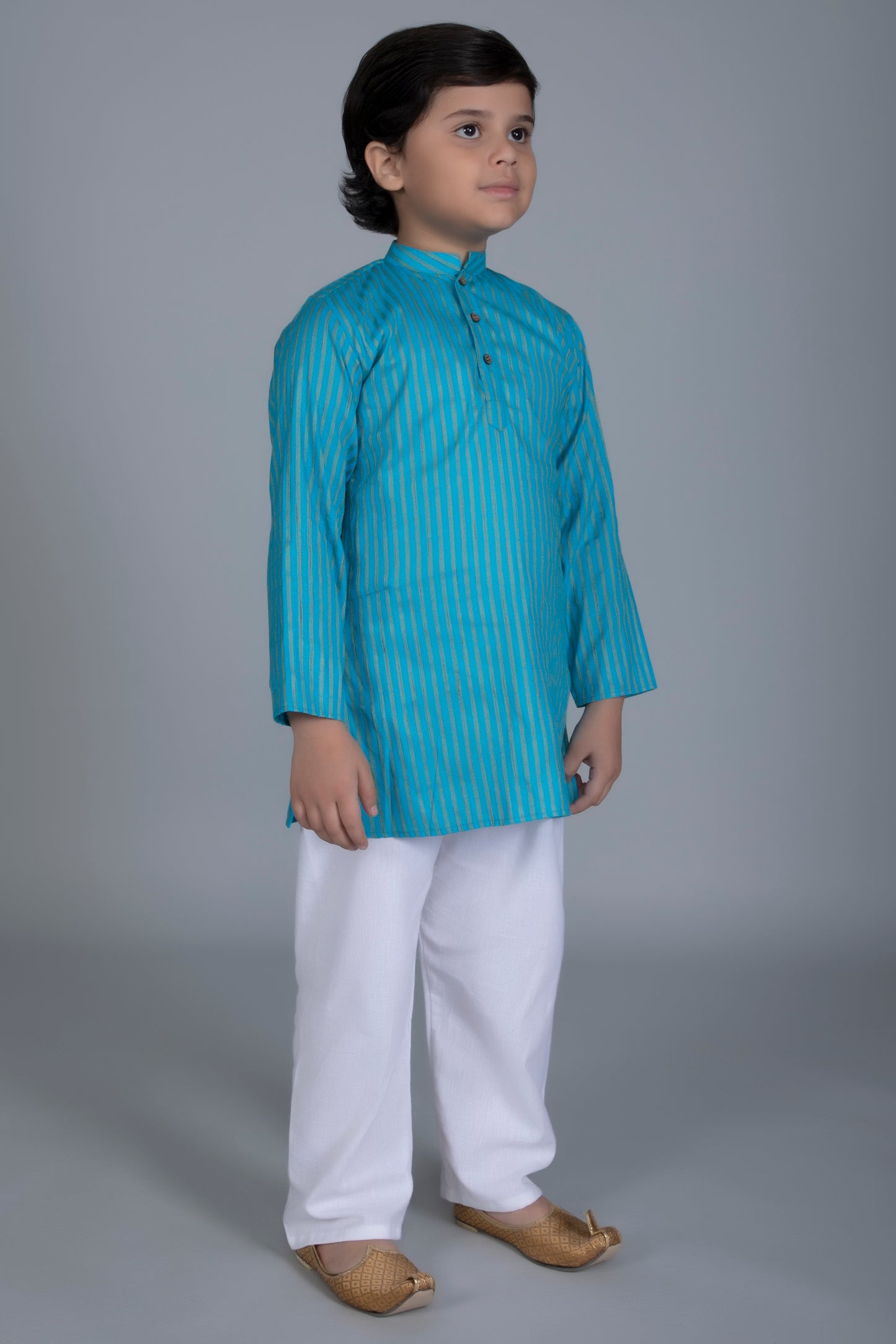 Vastraa Fusion Boy's Gold Line Handloom Weaving Pure Cotton Kurta, Full Sleeves, Wooden Button , Ethnic Wear