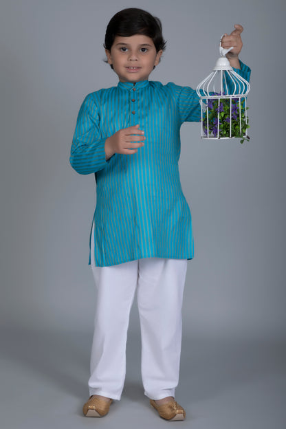 Vastraa Fusion Boy's Gold Line Handloom Weaving Pure Cotton Kurta, Full Sleeves, Wooden Button , Ethnic Wear