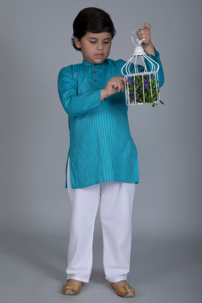 Vastraa Fusion Boy's Gold Line Handloom Weaving Pure Cotton Kurta, Full Sleeves, Wooden Button , Ethnic Wear