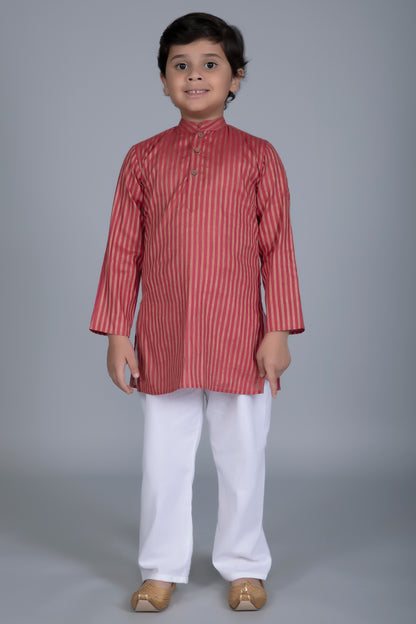 Vastraa Fusion Boy's Gold Line Handloom Weaving Pure Cotton Kurta, Full Sleeves, Wooden Button , Ethnic Wear