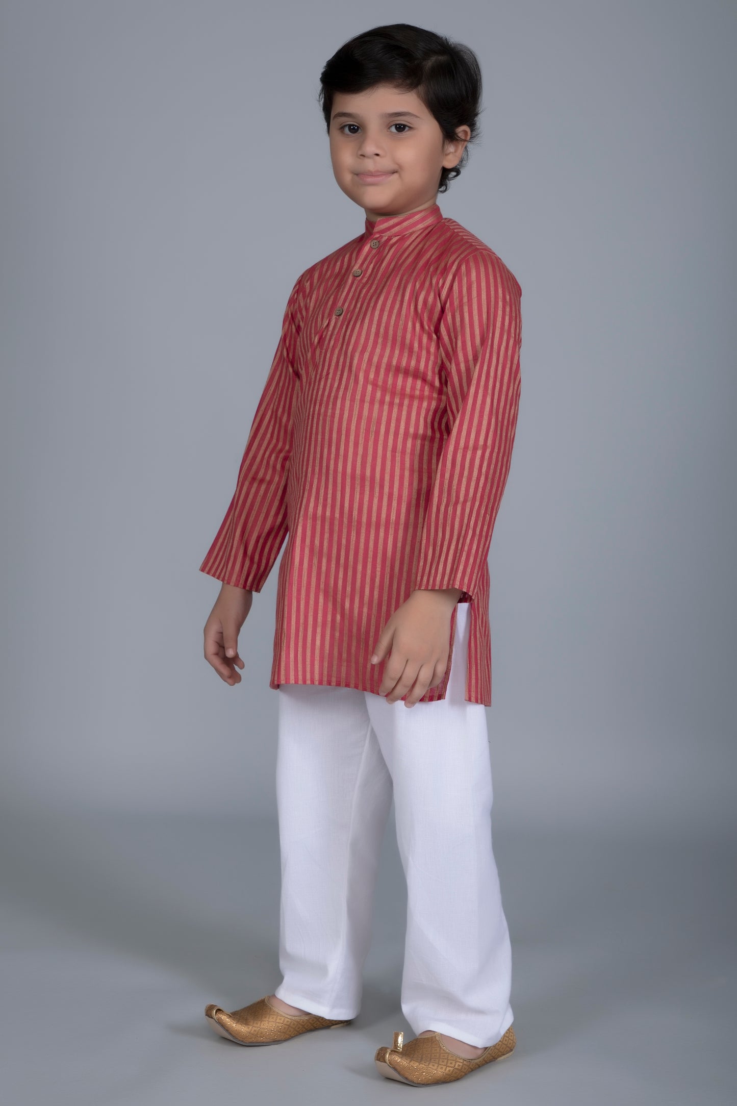 Vastraa Fusion Boy's Gold Line Handloom Weaving Pure Cotton Kurta, Full Sleeves, Wooden Button , Ethnic Wear
