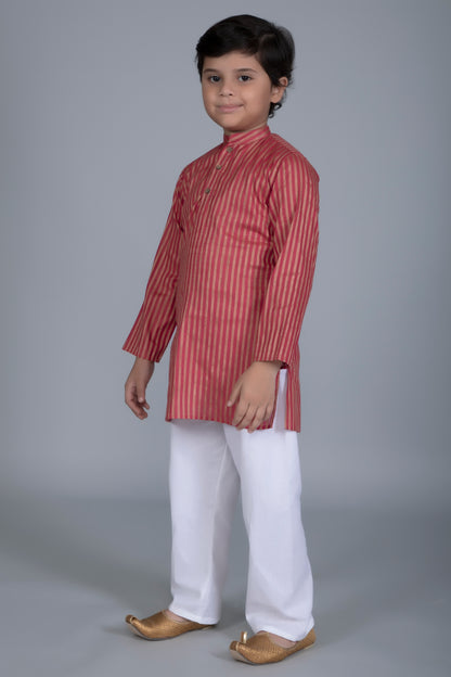 Vastraa Fusion Boy's Gold Line Handloom Weaving Pure Cotton Kurta, Full Sleeves, Wooden Button , Ethnic Wear