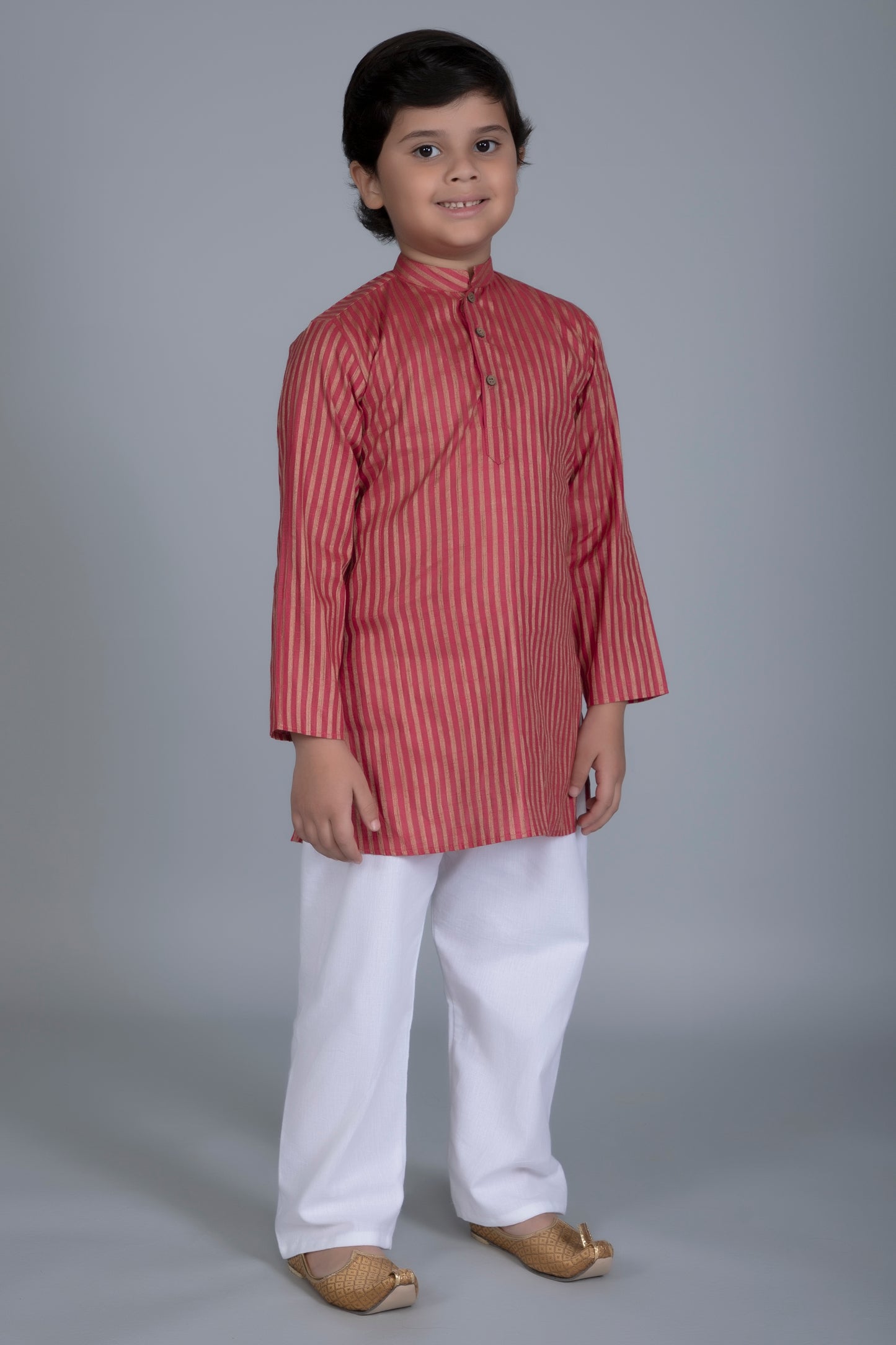 Vastraa Fusion Boy's Gold Line Handloom Weaving Pure Cotton Kurta, Full Sleeves, Wooden Button , Ethnic Wear