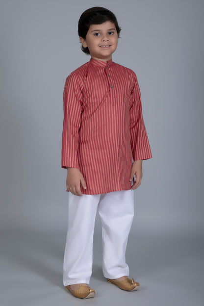 Vastraa Fusion Boy's Gold Line Handloom Weaving Pure Cotton Kurta, Full Sleeves, Wooden Button , Ethnic Wear