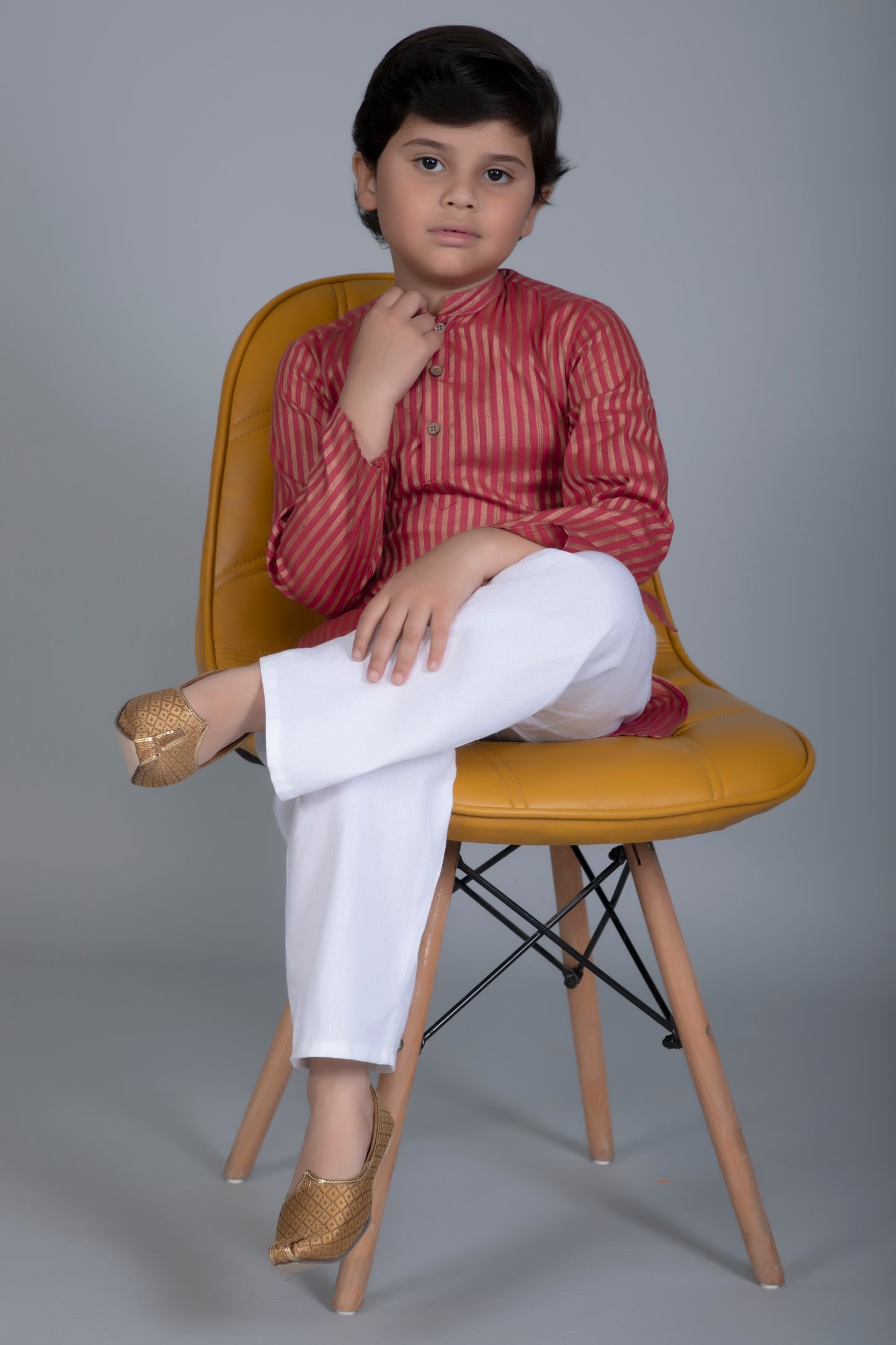 Vastraa Fusion Boy's Gold Line Handloom Weaving Pure Cotton Kurta, Full Sleeves, Wooden Button , Ethnic Wear