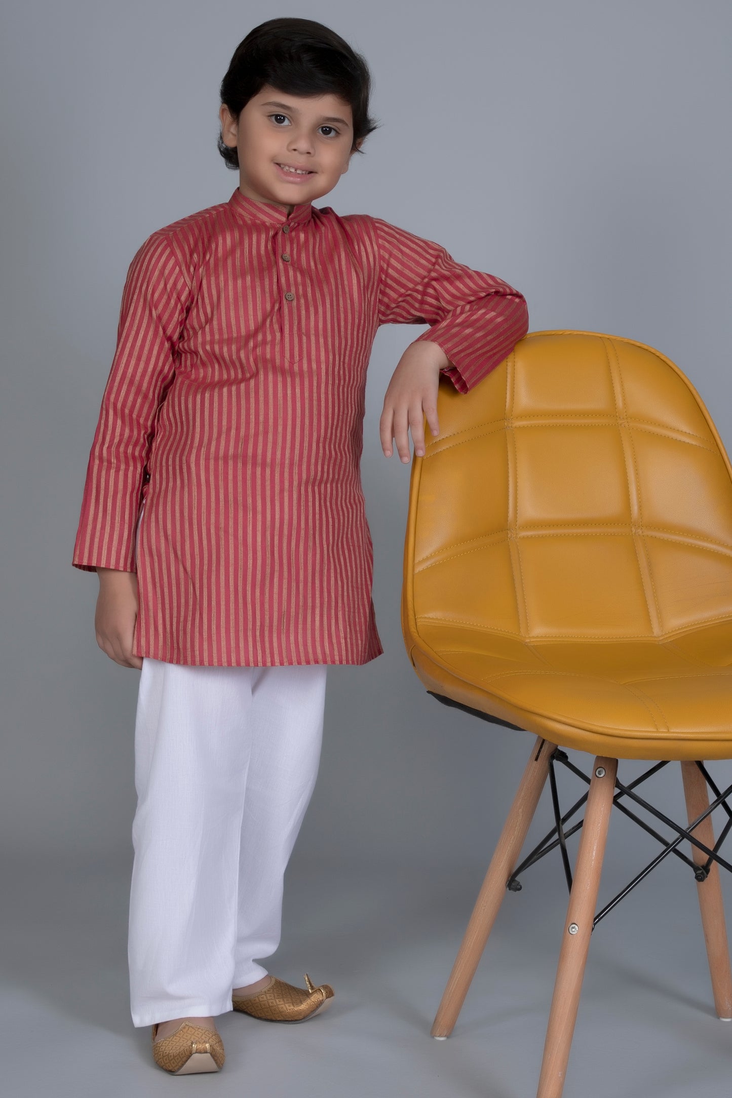 Vastraa Fusion Boy's Gold Line Handloom Weaving Pure Cotton Kurta, Full Sleeves, Wooden Button , Ethnic Wear