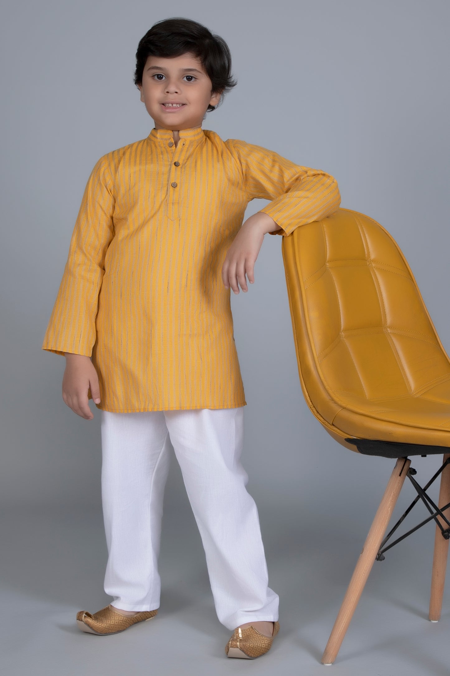 Vastraa Fusion Boy's Gold Line Handloom Weaving Pure Cotton Kurta, Full Sleeves, Wooden Button , Ethnic Wear
