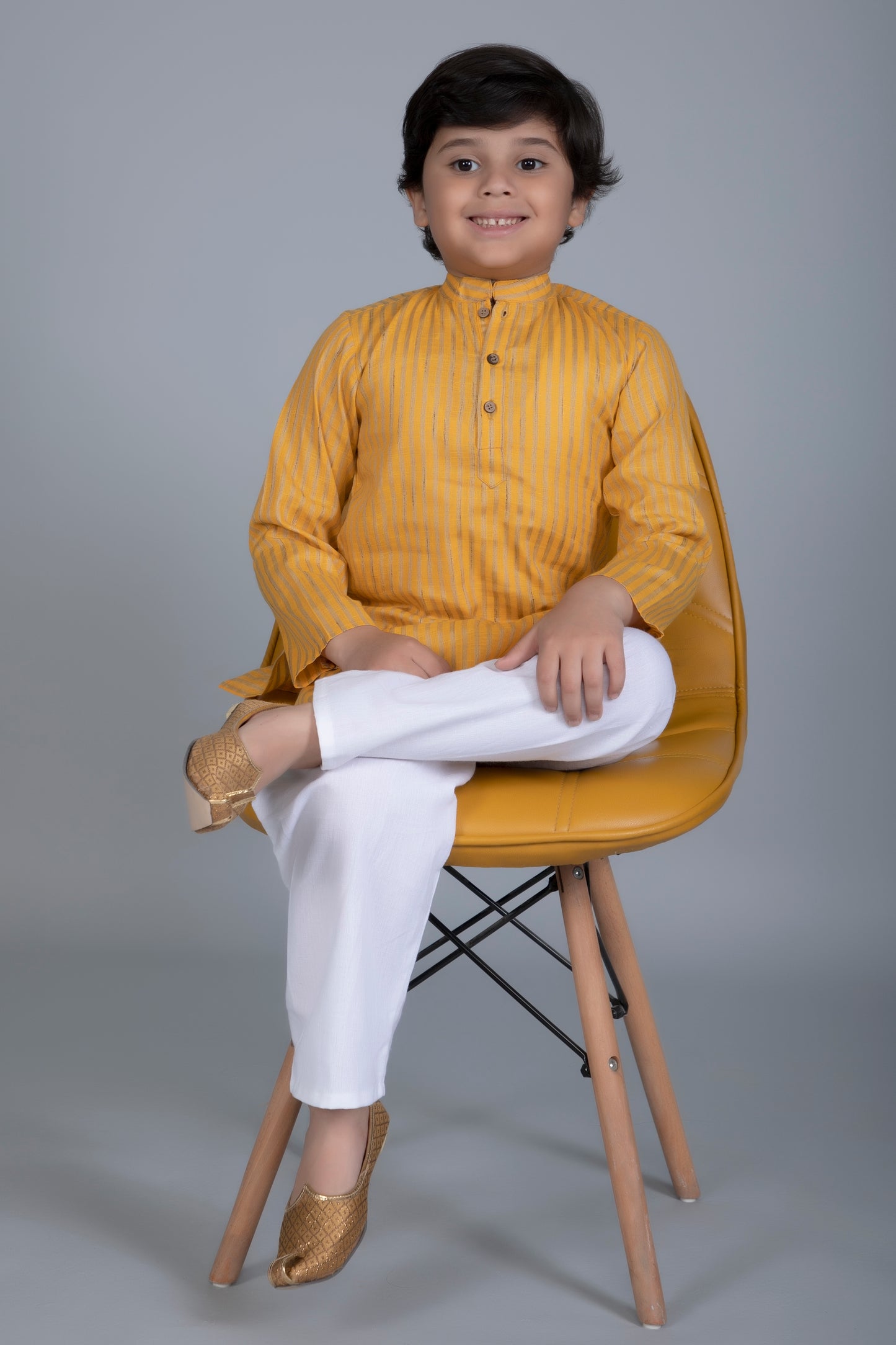 Vastraa Fusion Boy's Gold Line Handloom Weaving Pure Cotton Kurta, Full Sleeves, Wooden Button , Ethnic Wear