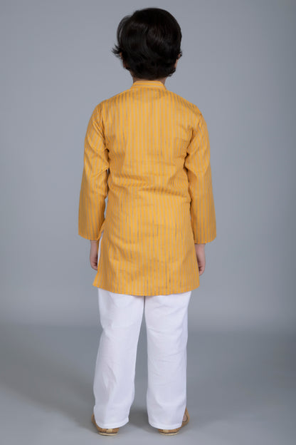Vastraa Fusion Boy's Gold Line Handloom Weaving Pure Cotton Kurta, Full Sleeves, Wooden Button , Ethnic Wear