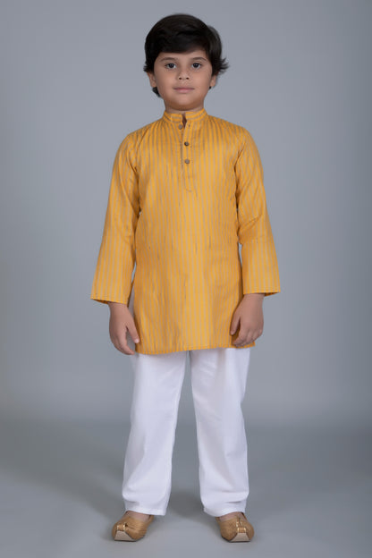 Vastraa Fusion Boy's Gold Line Handloom Weaving Pure Cotton Kurta, Full Sleeves, Wooden Button , Ethnic Wear
