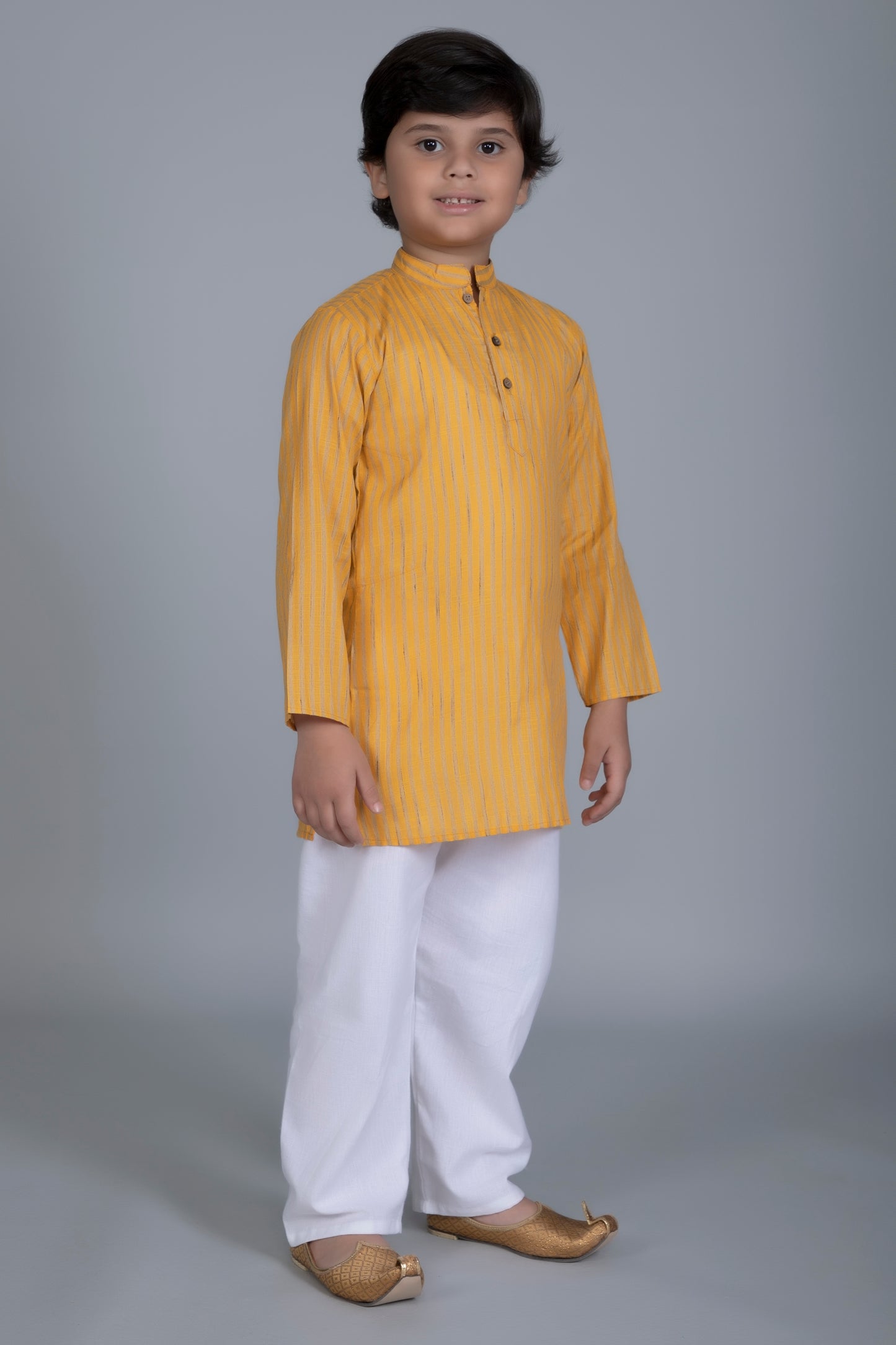 Vastraa Fusion Boy's Gold Line Handloom Weaving Pure Cotton Kurta, Full Sleeves, Wooden Button , Ethnic Wear