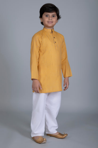 Vastraa Fusion Boy's Gold Line Handloom Weaving Pure Cotton Kurta, Full Sleeves, Wooden Button , Ethnic Wear