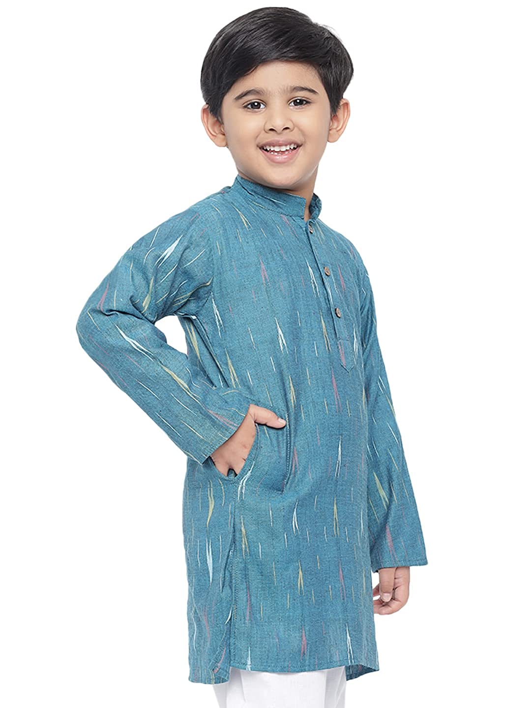 Kurta for Kids- Khadi Look in Mix Ikat Patterns South Cotton Kurta