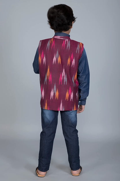 Vastraa Fusion Boys Ikat Handloom Cotton Nehru Jacket, Round Collar, Ethnic Wear Jacket