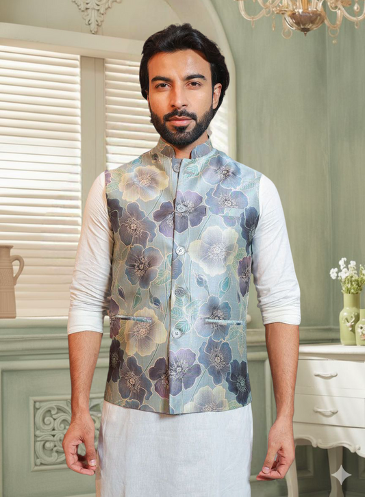Men's Digital Printed - Mango Silk Nehru Jacket Ladies Modi Jacket / Waistcoat