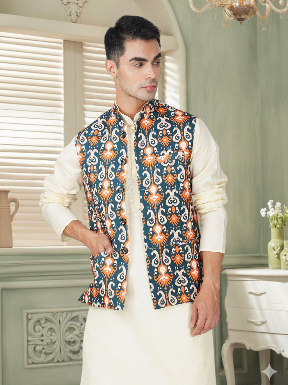 Men's Digital Printed - Mango Silk Nehru Jacket Ladies Modi Jacket / Waistcoat