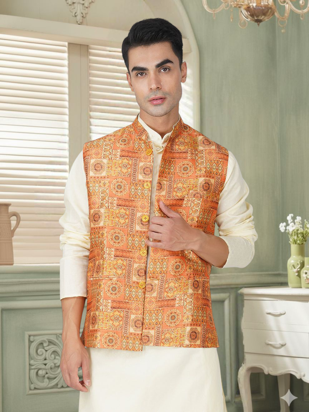 Men's Digital Printed - Mango Silk Nehru Jacket Ladies Modi Jacket / Waistcoat