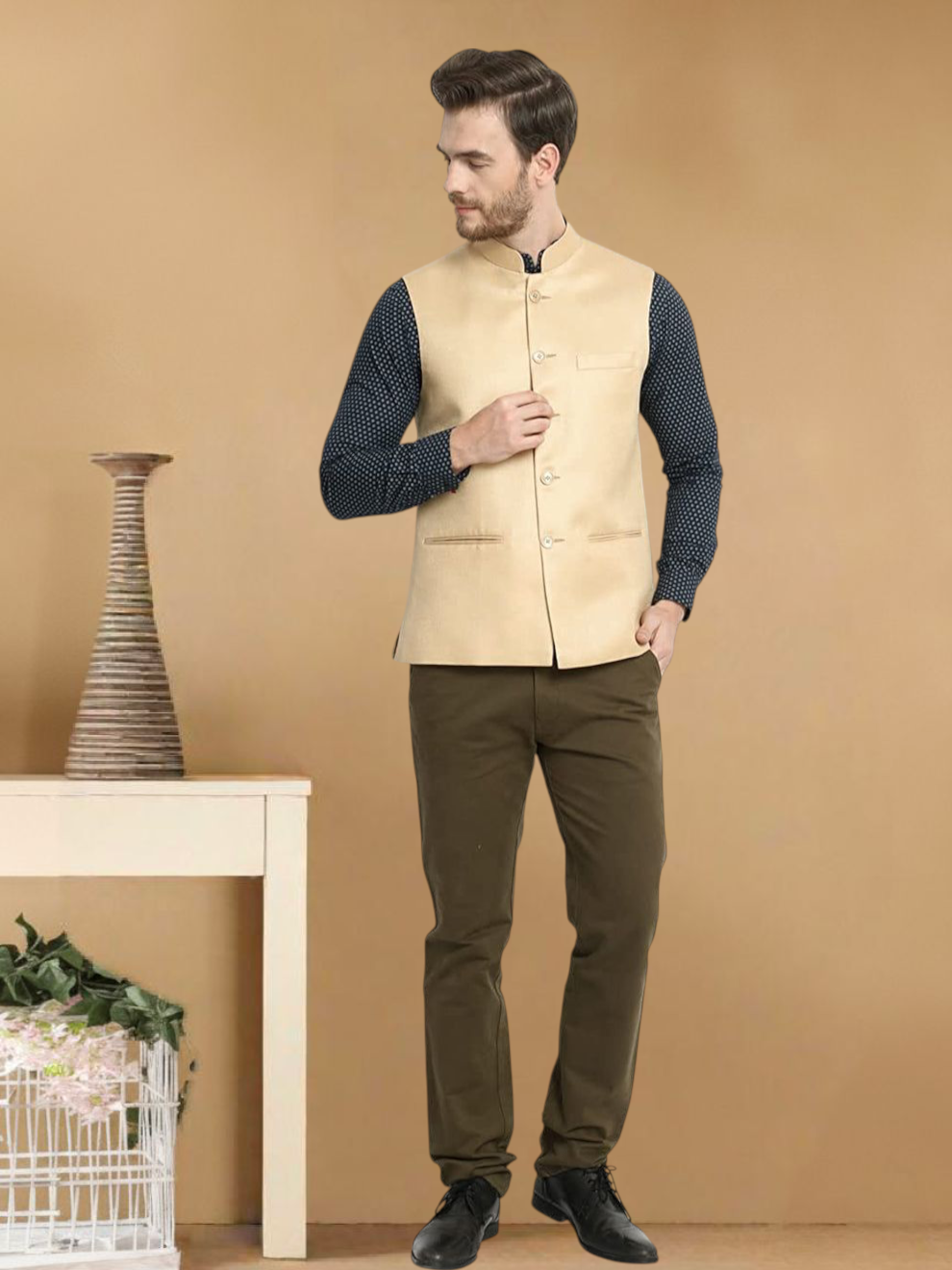 Vastraa Fusion Men's Indian Traditional Cotton Solid Nehru Jacket/Waistcoat
