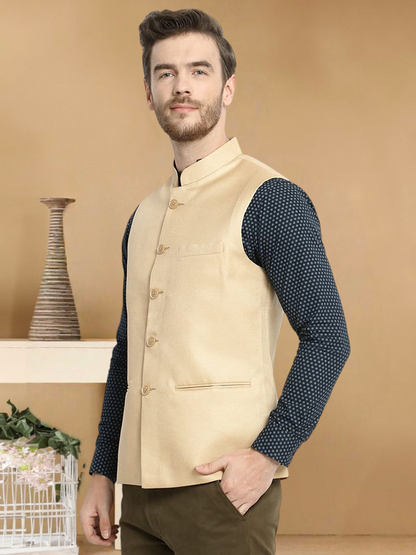 Vastraa Fusion Men's Indian Traditional Cotton Solid Nehru Jacket/Waistcoat