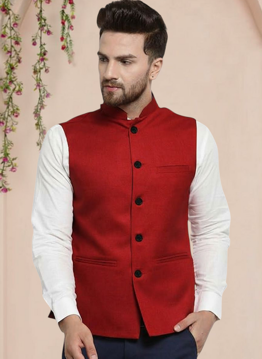Vastraa Fusion Men's Indian Traditional Cotton Solid Nehru Jacket/Waistcoat