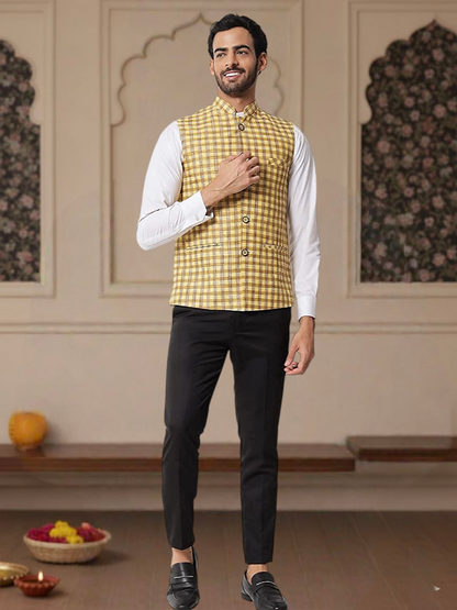 Vastraa Fusion Modi Jacket / Waistcoat - Chabila Block Check Patterns - South Cotton Jacket
