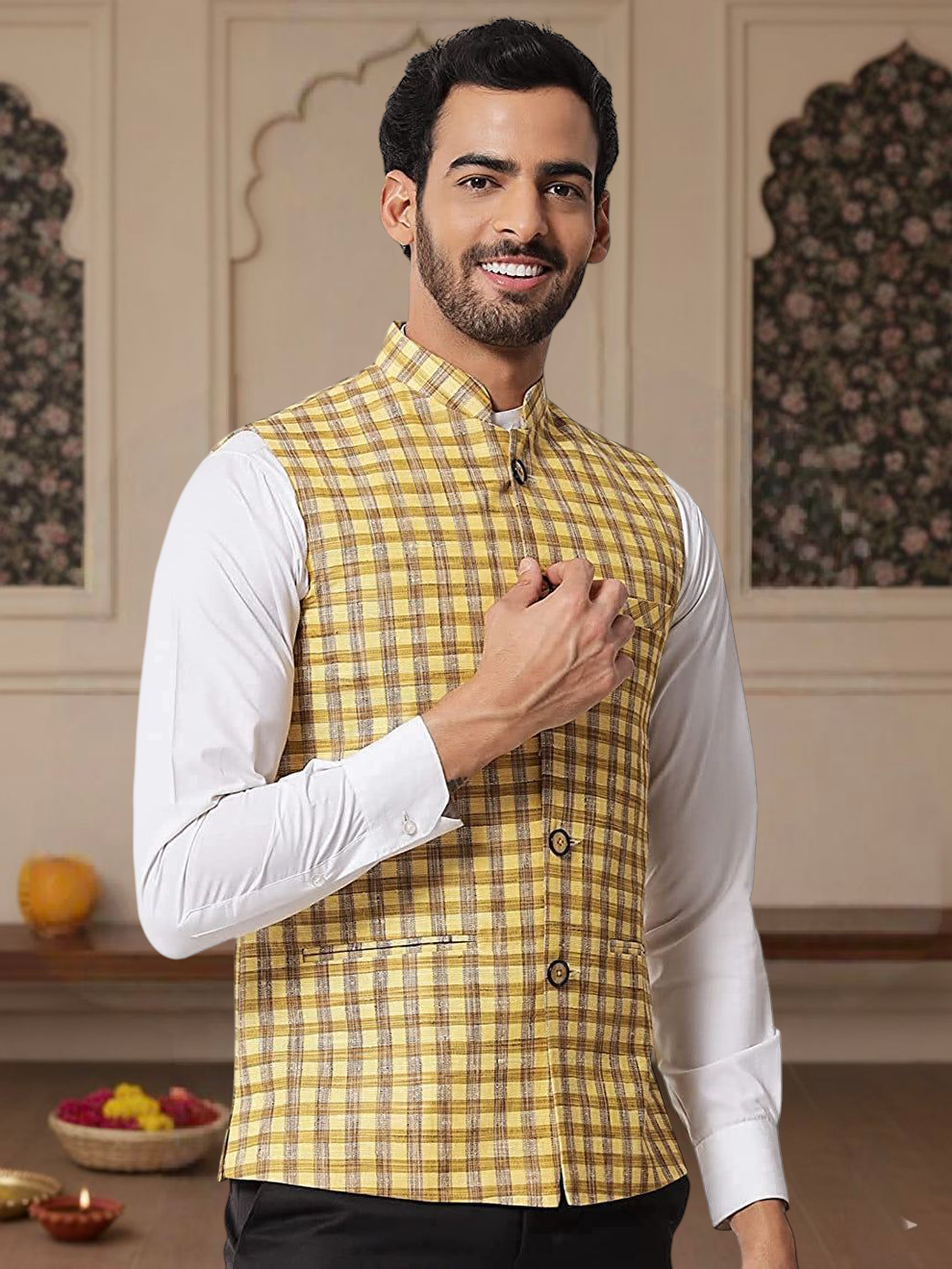 Vastraa Fusion Modi Jacket / Waistcoat - Chabila Block Check Patterns - South Cotton Jacket