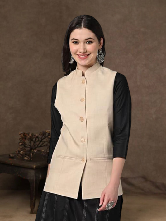 Vastraa Fusion Solid Indian Traditional Ethnic Waistcoat Festive Cotton Nehru Jacket for Women