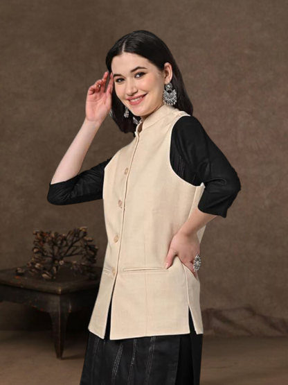 Vastraa Fusion Solid Indian Traditional Ethnic Waistcoat Festive Cotton Nehru Jacket for Women