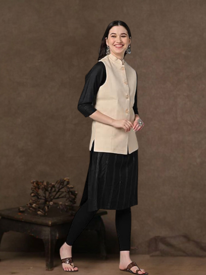 Vastraa Fusion Solid Indian Traditional Ethnic Waistcoat Festive Cotton Nehru Jacket for Women
