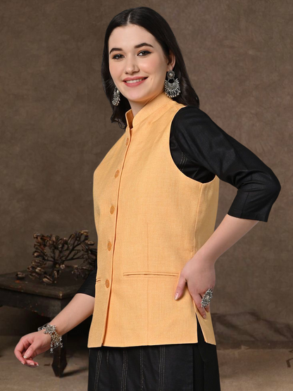 Vastraa Fusion Solid Indian Traditional Ethnic Waistcoat Festive Cotton Nehru Jacket for Women