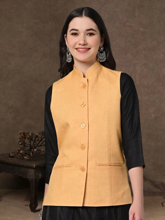 Vastraa Fusion Solid Indian Traditional Ethnic Waistcoat Festive Cotton Nehru Jacket for Women