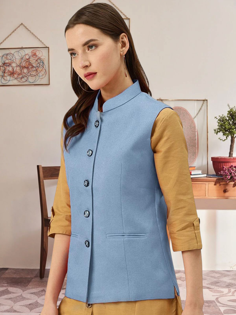 Vastraa Fusion Ladies Modi Jacket / Waistcoat - Plain Solid Colurs - Cotton Mix Nehru Jacket