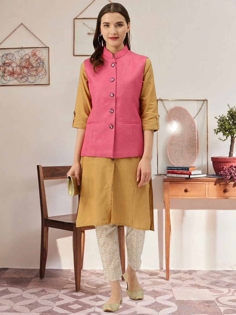 Vastraa Fusion Ladies Modi Jacket / Waistcoat - Plain Solid Colurs - Cotton Mix Nehru Jacket